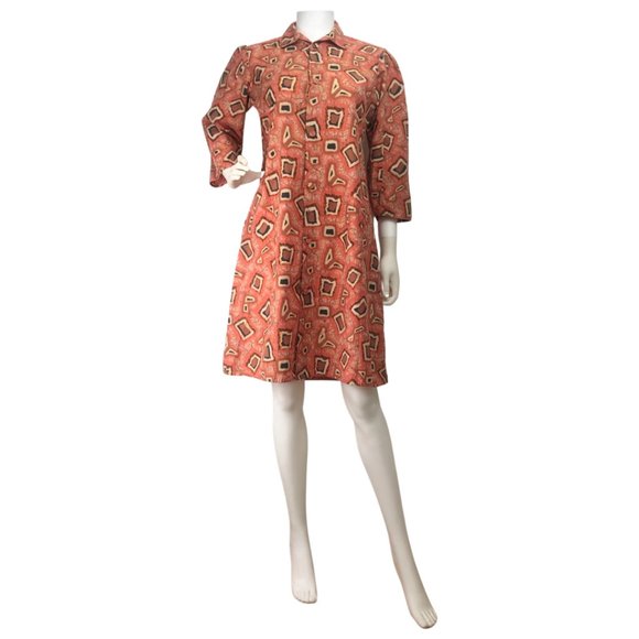 Vintage Abstract Print Dress 1970s Orange Brown Mod Print Handmade Size Large - Picture 2 of 6